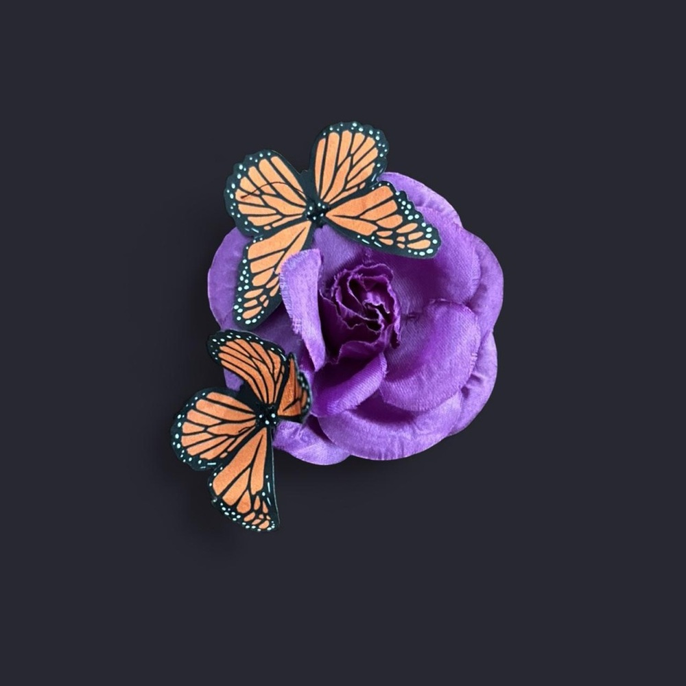 Purple Floral Hair Clip with Orange Butterflies